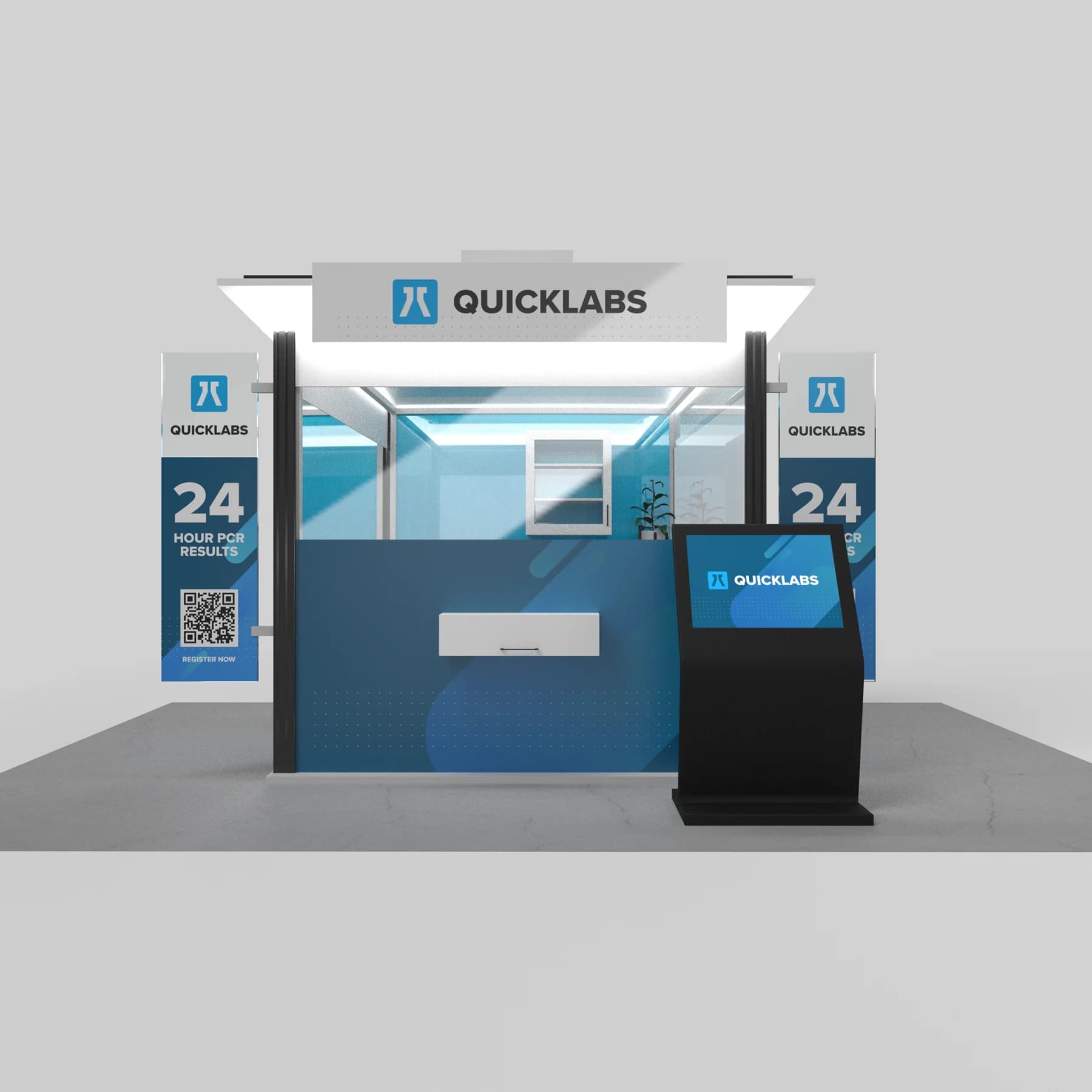 A 3D architectural rendering of a modern, square blue and white QuickLabs medical screening kiosk equipped with digital touchscreen monitors.