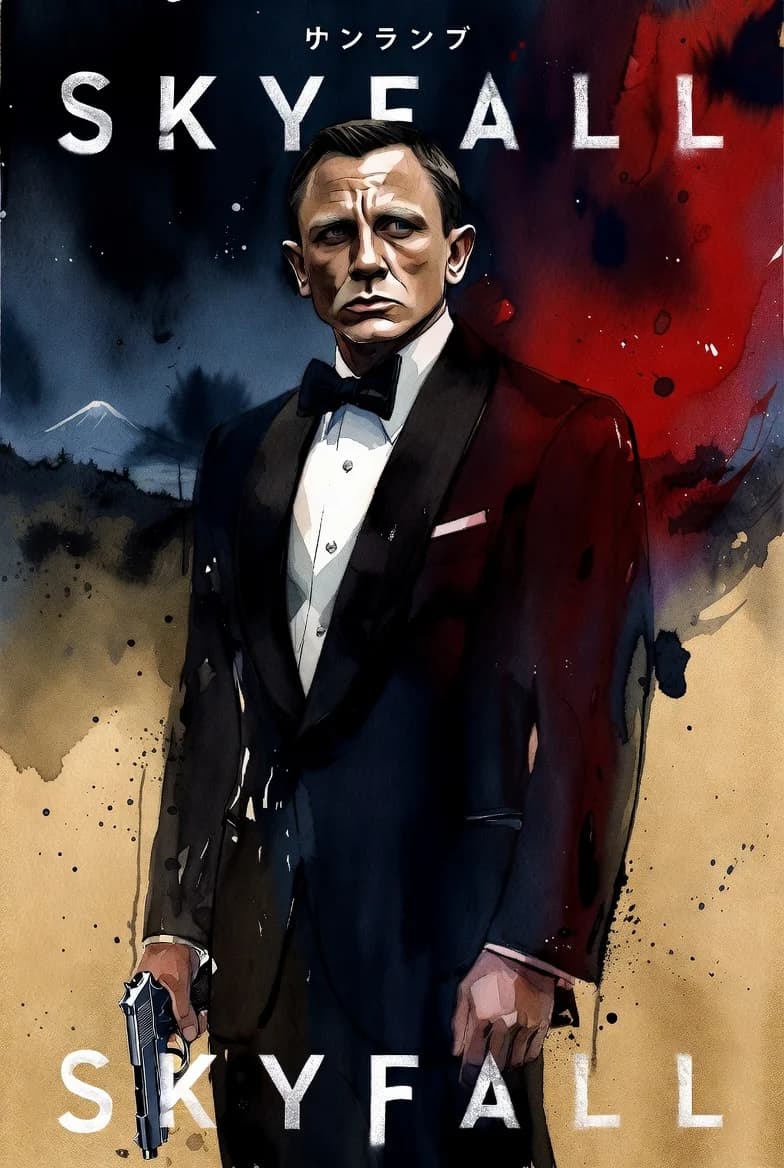 A stylized movie poster concept for James Bond Skyfall, featuring Daniel Craig in a tuxedo against a dramatic, high-contrast red and dark background with Japanese typography.