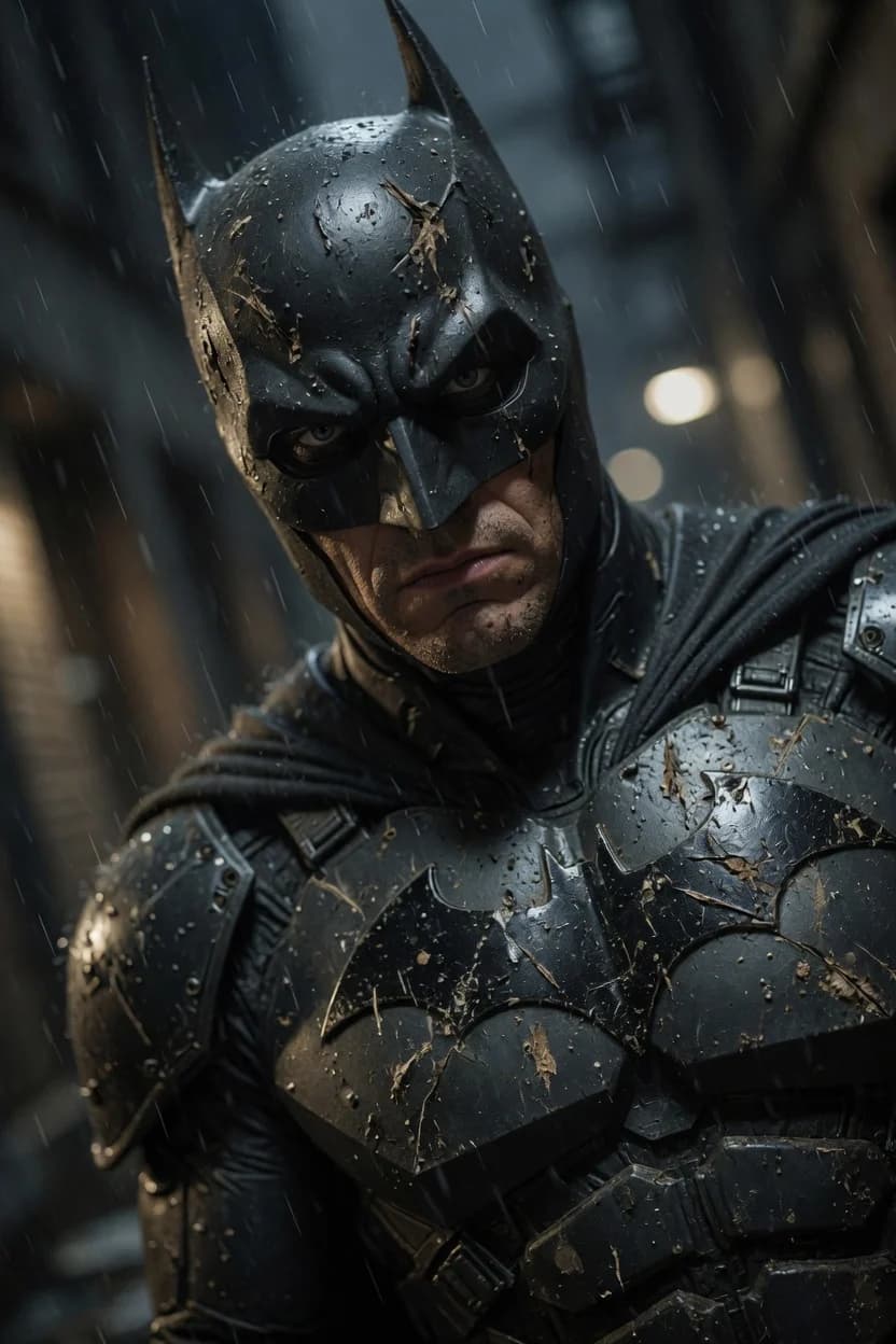 A realistic, gritty digital portrait of Batman in his cowl looking directly forward with a intense expression and subtle lighting.