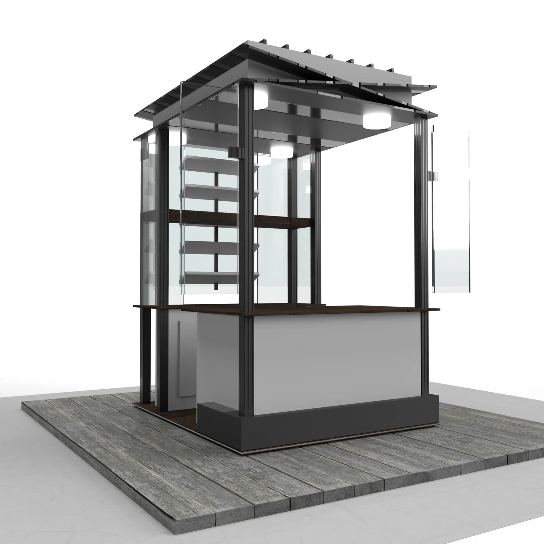 A 3D digital rendering of an open-air retail kiosk with a dark industrial metal frame, clear glass paneling, and an overhead shelter canopy.