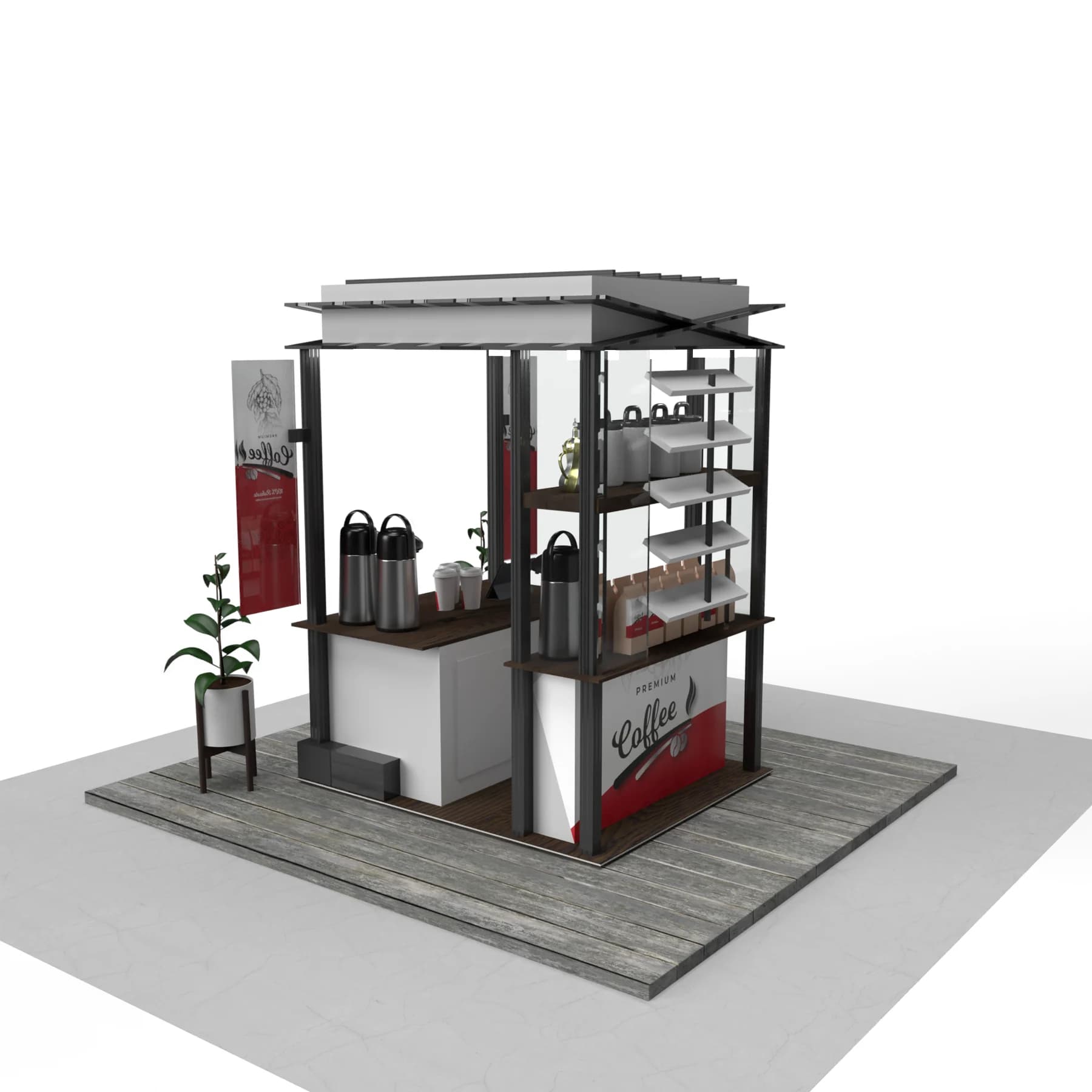 A 3D digital rendering of an outdoor XBlade product kiosk showcasing retail items under a canopy with integrated warm lighting and realistic surrounding scenery.