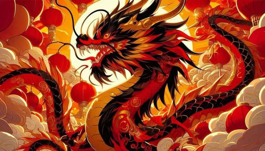 A vibrant and stylized digital painting of a fierce Chinese dragon breathing a brilliant burst of golden and orange fire against a dark background.