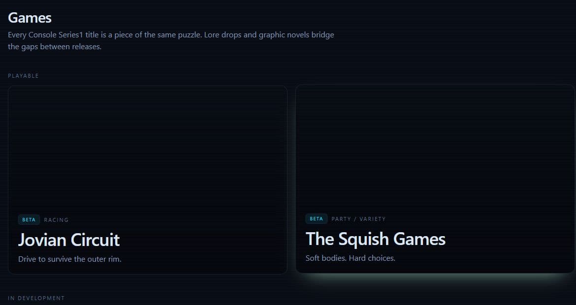 Console Series1 library listing Jovian Circuit and The Squish Games as playable betas
