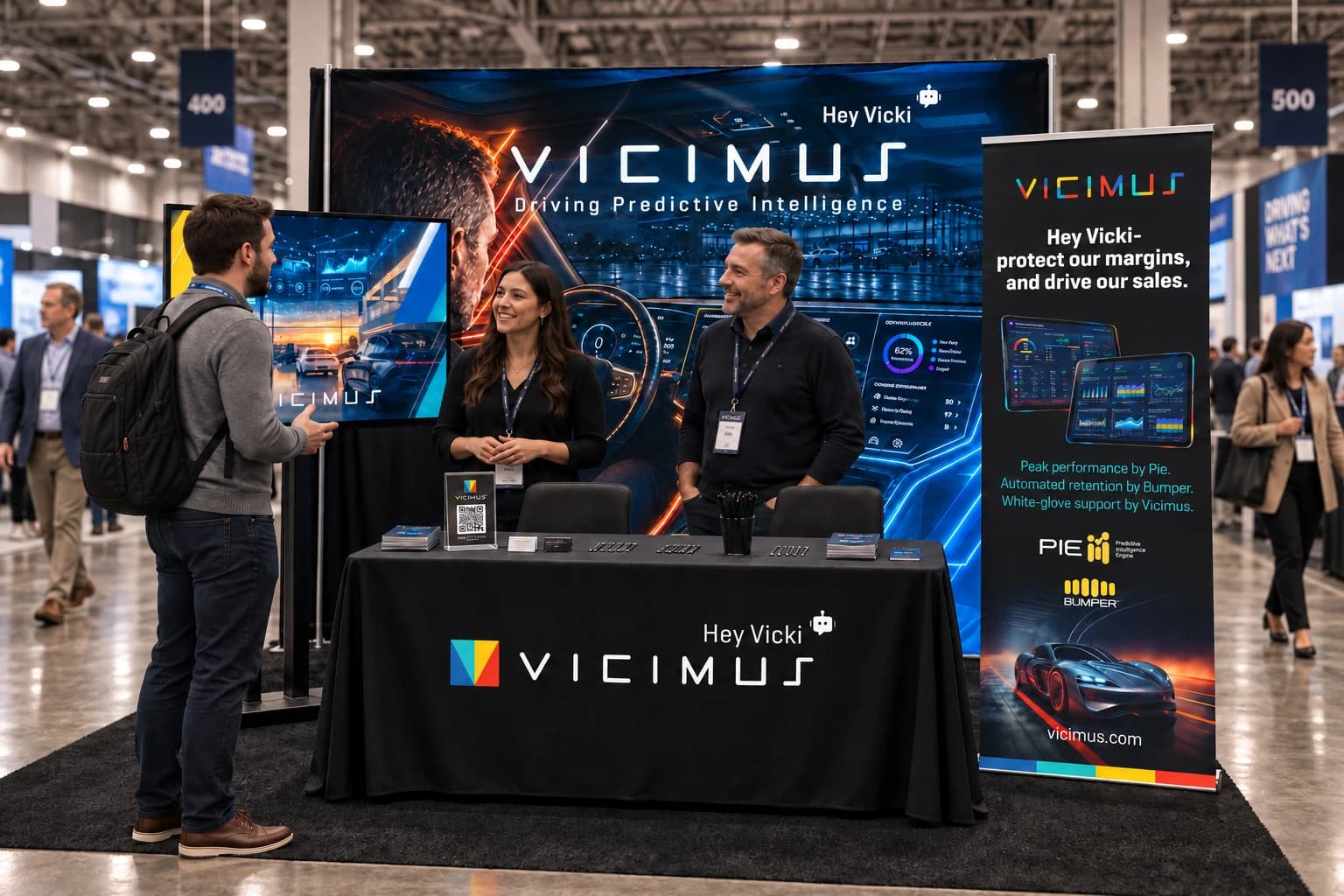 Vicimus booth visualization with people in conversation in front of the branded backdrop and product banner