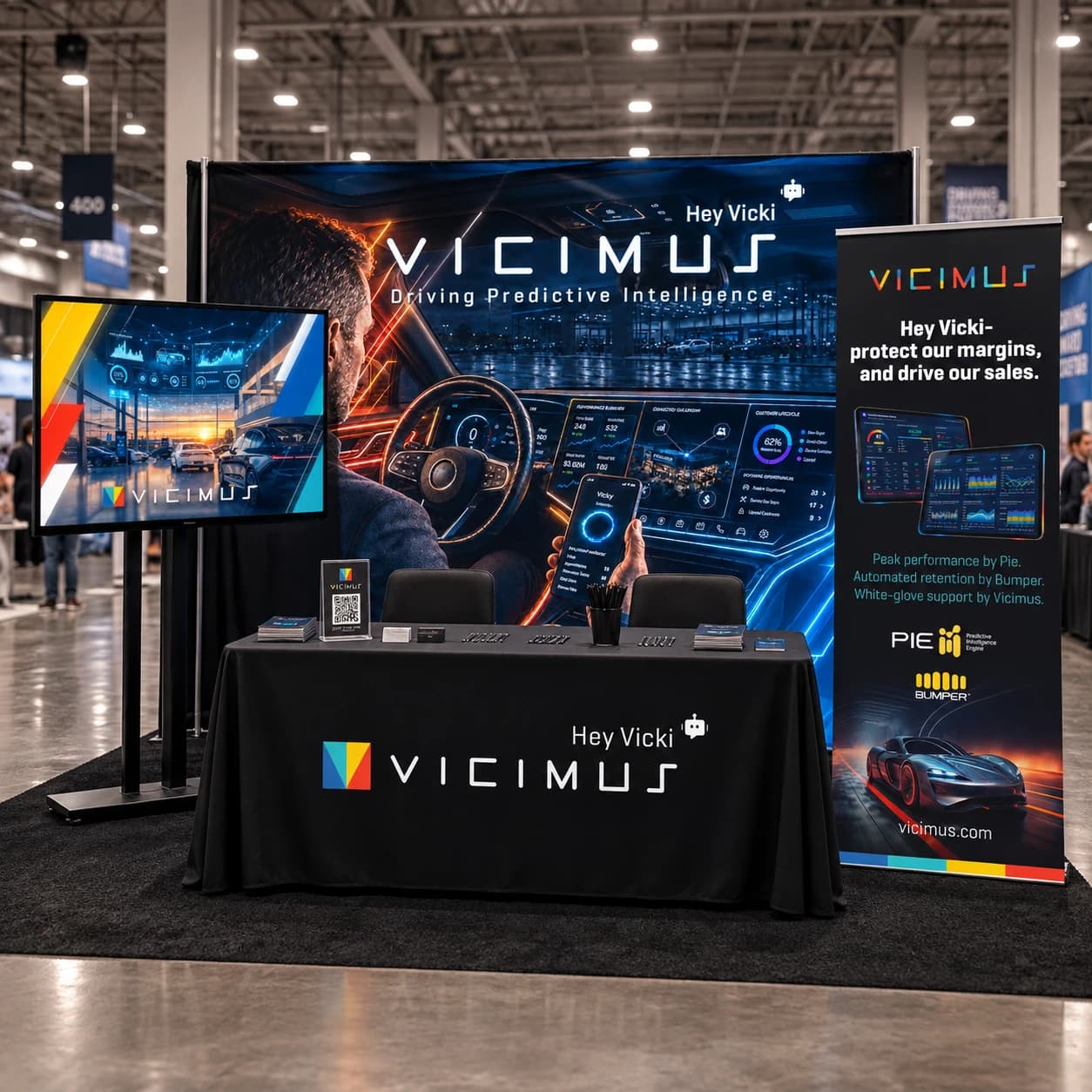 Vicimus booth redesign visualization with illuminated automotive backdrop, screen, branded table and tall product banner
