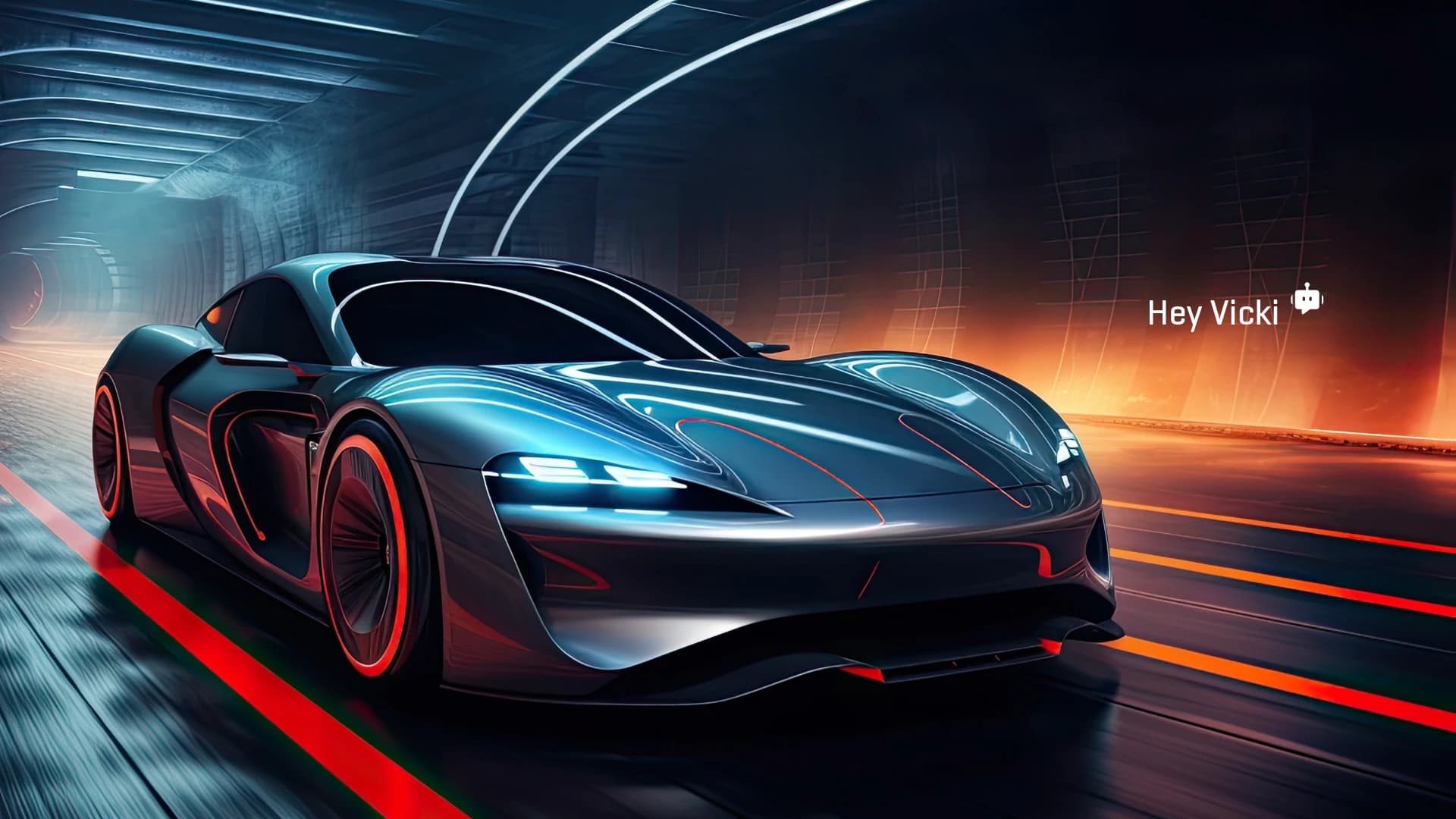 Dark futuristic sports car in a tunnel with blue and orange lighting and Hey Vicki branding