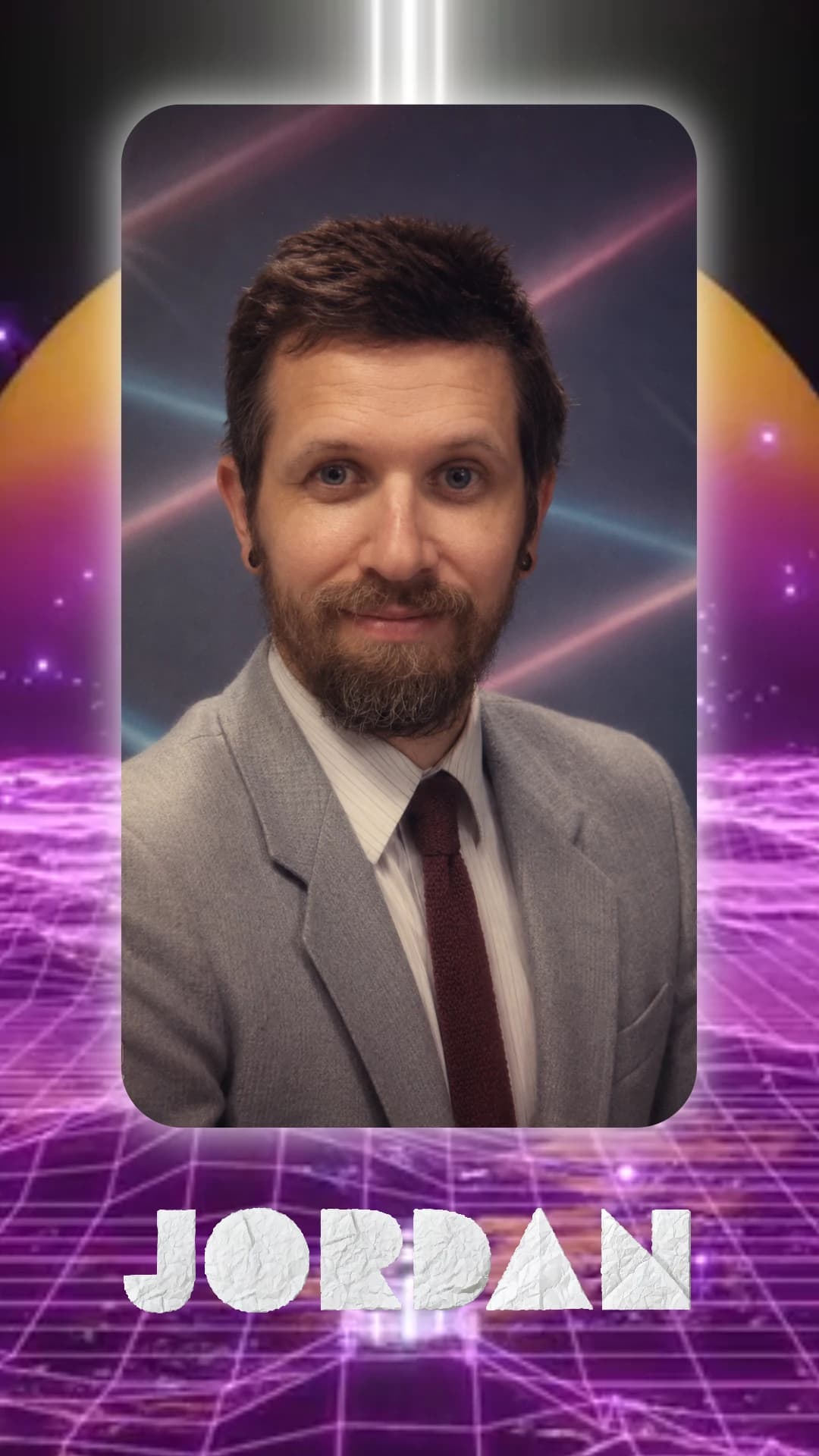 Retro school-photo-style portrait creative with a neon grid background and the name Jordan