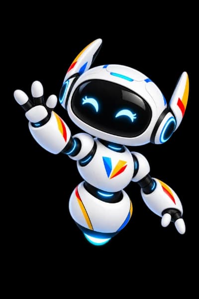 Vicki, a friendly white robot with glowing blue eyes, waving and wearing the Vicimus colors