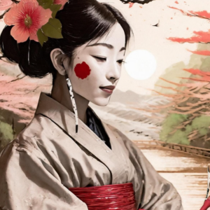 A stylized, close-up digital illustration of a geisha with striking makeup, wearing a neutral-toned patterned kimono against a vibrant background of golden flowers and foliage.