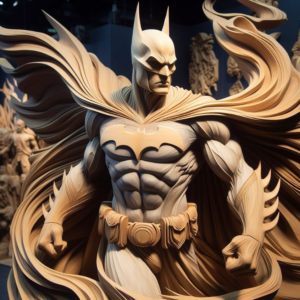 A detailed digital illustration of Batman styled as a monochromatic wood relief sculpture with intricate, flowing baroque patterns carving out his armor and cape.