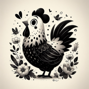 A whimsical black and white digital illustration of a stylized rooster adorned with intricate floral, leaf, and dot patterns on its feathers.