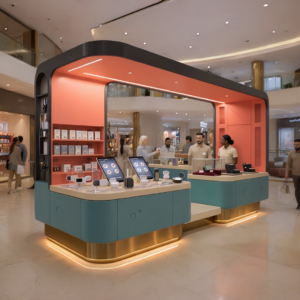 A 3D digital rendering of a premium, modern wood and orange GST retail kiosk display inside a brightly lit shopping mall corridor.